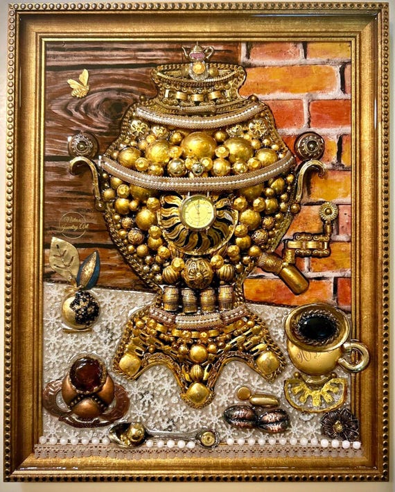 Samovar Tea Kettle, Framed Jewelry One of Kind Art, Unique Gift, Antique Style Home Decor