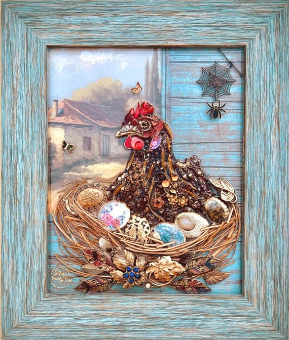 Mother Hen is Sitting on Over Eggs, Framed Jewelry Art, Unique Home Decor