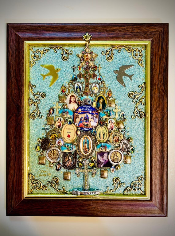 Christmas Tree, Framed Jewelry One of a Kind Art, Unique Gift, Home Decor