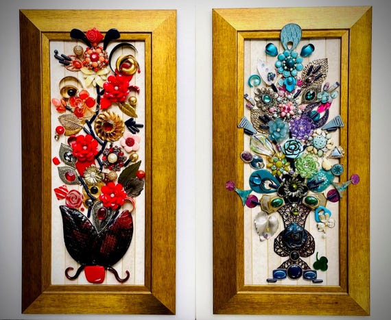 Bouquets of Flowers, Framed Jewelry One of a Kind Art, Unique Gift, Home Decor