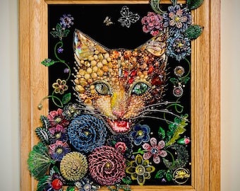 Cat Portrait, Framed Jewelry one of a Kind Art, Wall Decor, Unique Gift