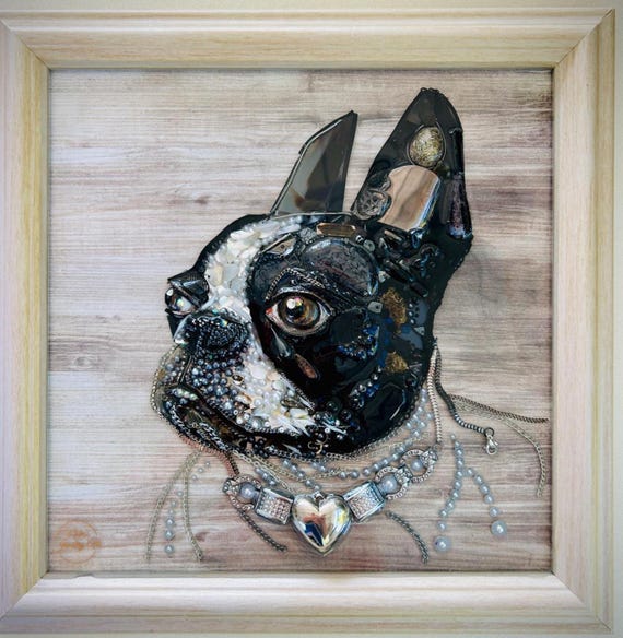Dog Portrait, Framed Jewelry one of a Kind Art, Wall Decor, Unique Gift, Bulldog