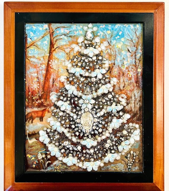 Christmas Tree, Framed Jewelry One of a Kind Art, Unique Gift, Wall Decor