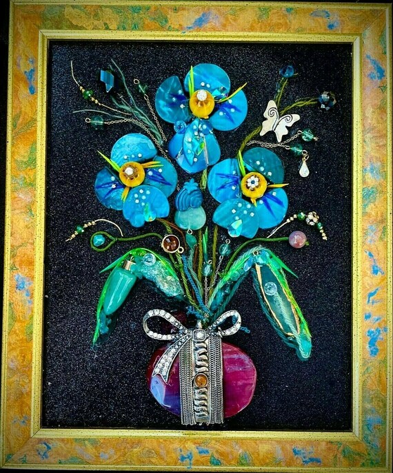 Blue Orchid, Framed Jewelry One of a Kind Art, Unique Gift, Home Decor