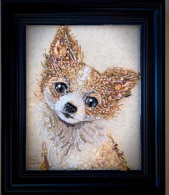 Dog Portrait, Framed Jewelry one of a Kind Art, Wall Decor, Unique Gift, Chihuahua