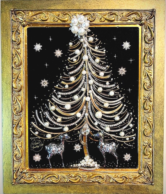 Christmas Tree, Framed Jewelry One of a Kind Art, Unique Gift, Wall Decor