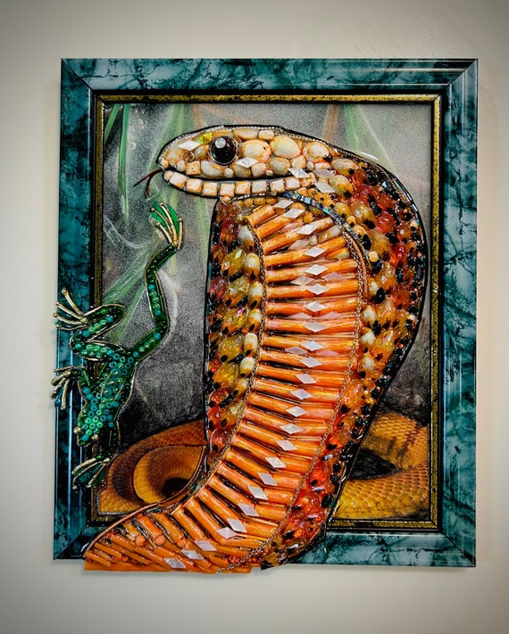 Snake & Frog, Framed Jewelry One of a Kind Art, Unique Gift, Home Decor