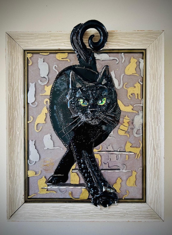Black Cat, Framed Jewelry one of a Kind Art, Wall Decor, Unique Gift
