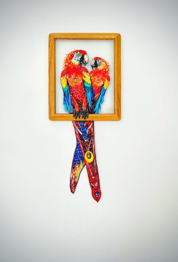 Parrots, Framed Jewelry Art, One-of-a-Kind Home Decor