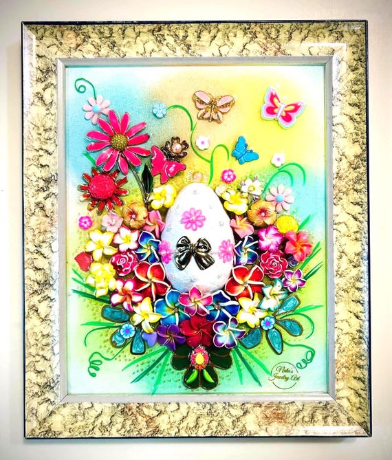 Easter Eggs, Framed Jewelry One of a Kind Art, Unique Gift, Vintage Style Home Decor
