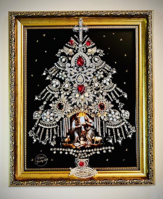 Christmas Tree, Framed Jewelry One of a Kind Art, Unique Gift, Wall Decor