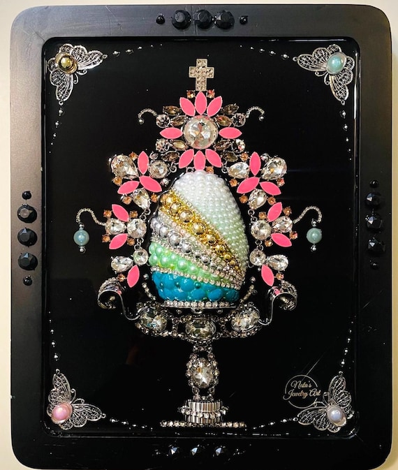 Easter Egg, Framed Jewelry One of a Kind Art, Unique Gift, Vintage Style Home Decor