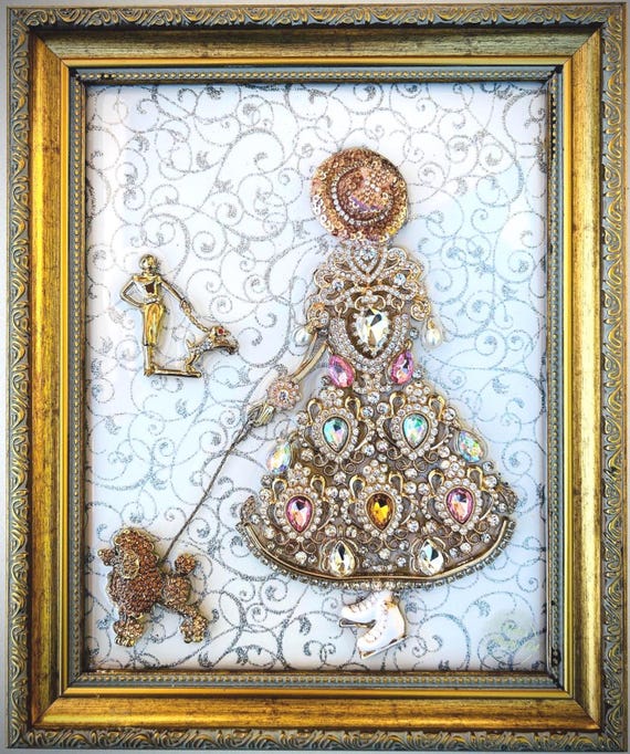 Vintage Lady & Dog, Framed Jewelry Art, Vintage Style Unique Home Decor