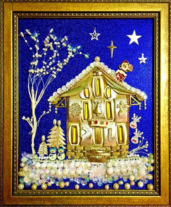 Christmas House, Framed Jewelry One of a Kind Art, Unique Gift, Home Decor