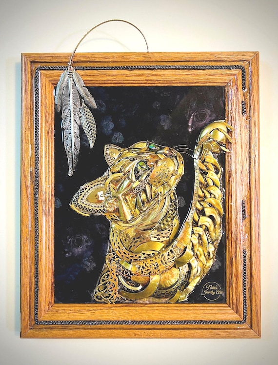 Golden Cat, Framed Jewelry one of a Kind Art, Wall Decor, Unique Gift