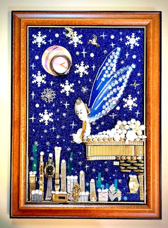 Angel in the City, Framed Jewelry One of a Kind Art, Unique Gift, Home Decor