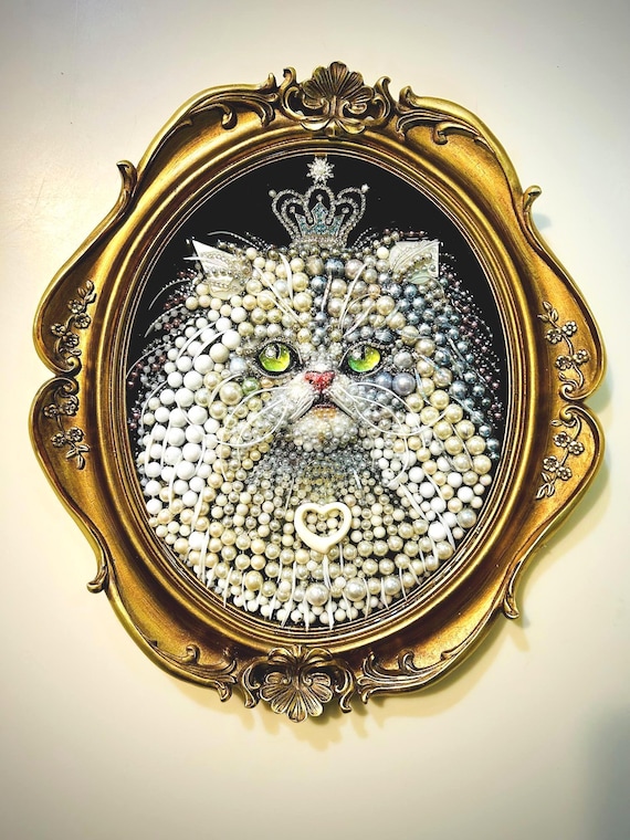 Cat Portrait, Framed Jewelry one of a Kind Art, Wall Decor, Unique Gift
