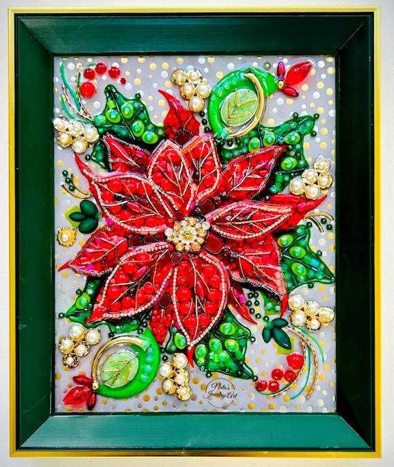 Christmas Flower, Poinsettia, Framed Jewelry One of a Kind Art, Unique Gift, Home Decor