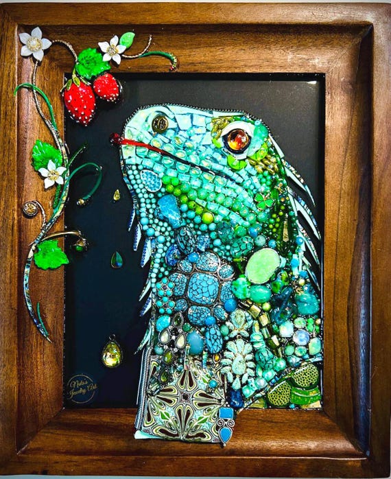 Iguana, Framed Jewelry One of a Kind Art, Home Decor, Unique Gift