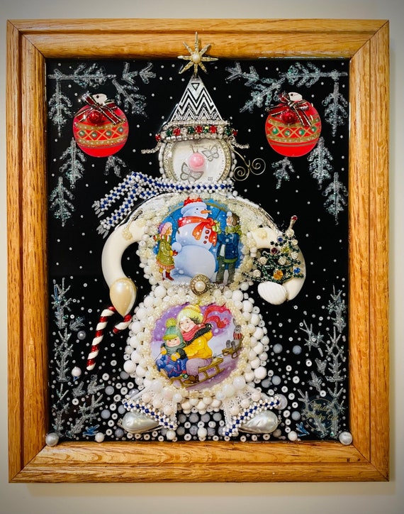 Snowman, Framed Jewelry One of a Kind Art, Unique Gift, Home Decor