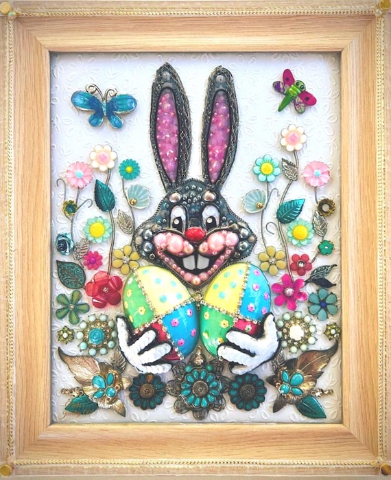 Easter Bunny, Framed Jewelry Art, Unique Home Decor