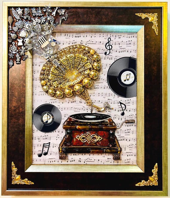 Gramophone, Framed Jewelry One of Kind Art, Unique Gift, Vintage Style Home Decor