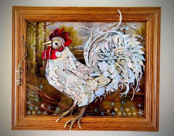 Rooster, Framed Jewelry One of a Kind Art, Home Decor, Unique Gift