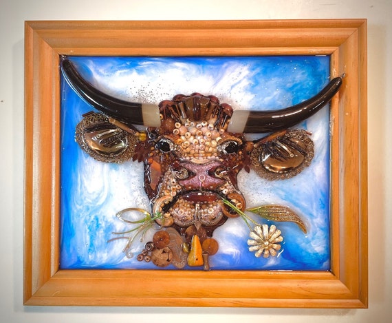 Cow Portrait, One of a Kind Framed Jewelry Art, Unique Gift, Home Decor