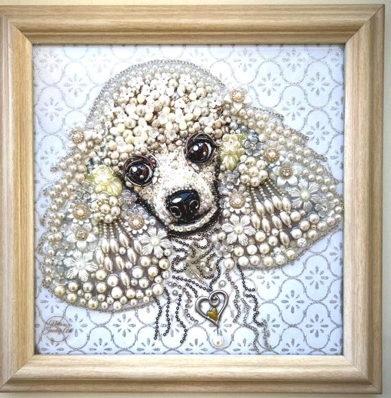 Dog Portrait, Framed Jewelry one of a Kind Art, Wall Decor, Unique Gift