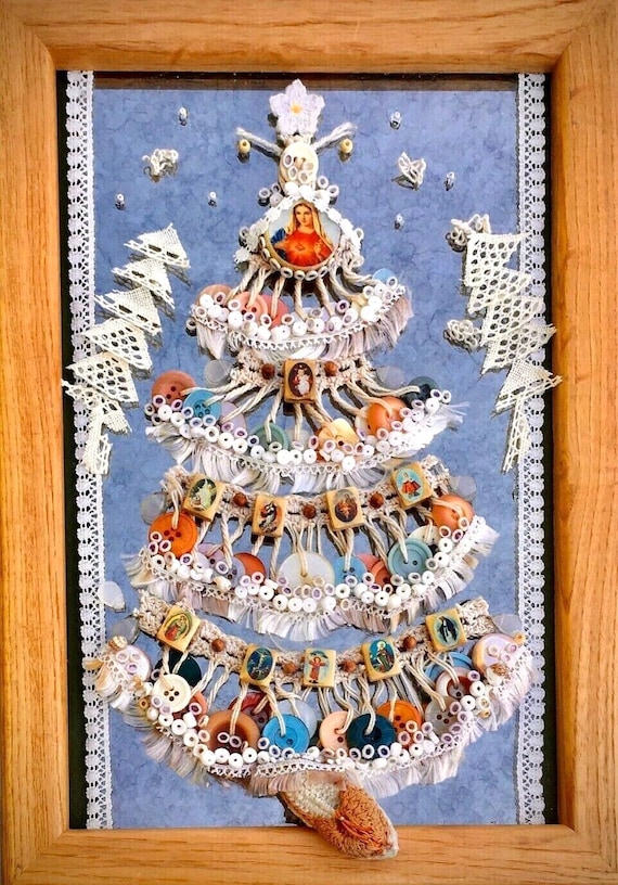 Christmas Tree, Framed Jewelry One of a Kind Art, Unique Gift, Home Decor
