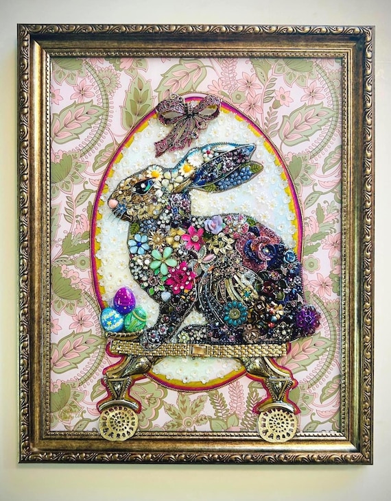 Easter Bunny, Framed Jewelry Art, Unique Home Decor
