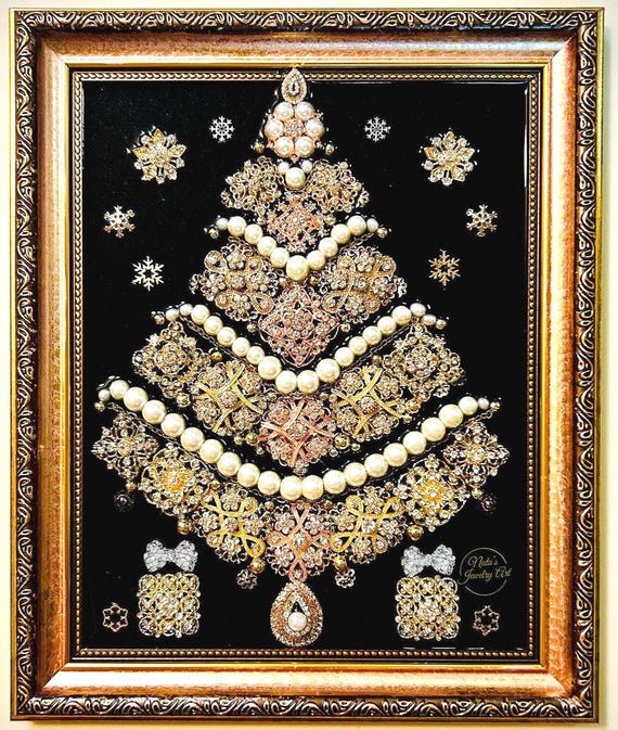 Christmas Tree, Framed Jewelry One of a Kind Art, Unique Gift, Wall Decor