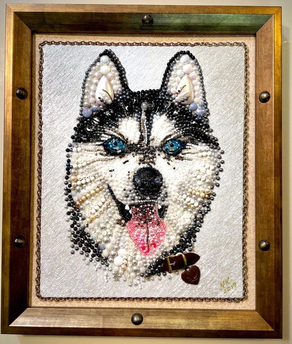 Husky Dog Portrait, Framed Jewelry One of a Kind Art, Unique Gift, Home Decor