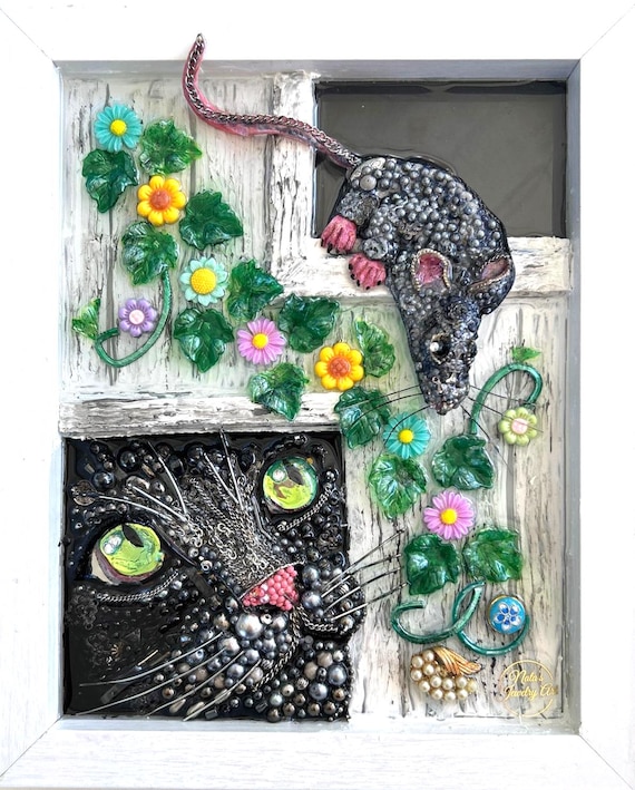Cat & Mouse, Framed Jewelry Art, One-of-a-Kind Home Decor