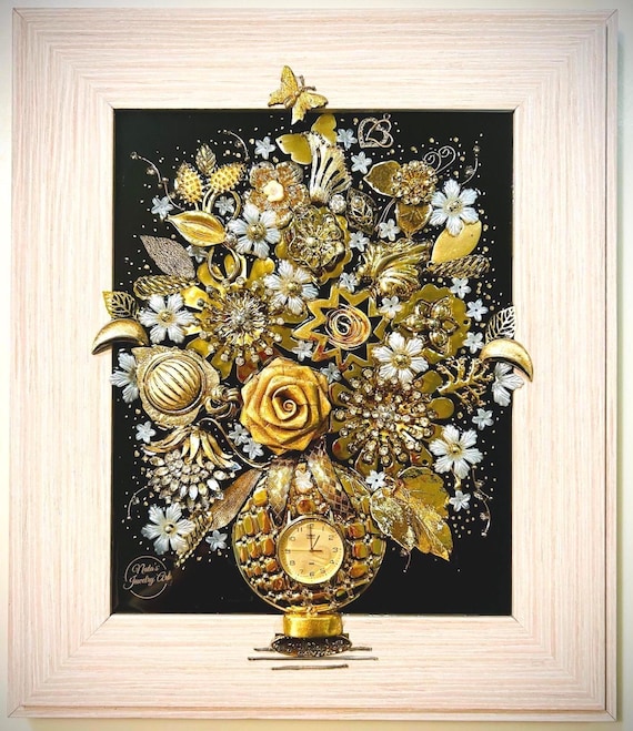 Bouquet of Flowers, Framed Jewelry One of a Kind Art, Unique Gift, Home Decor