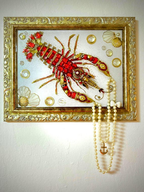 Lobster, Framed Jewelry One of a Kind Art, Unique Gift, Home Decor