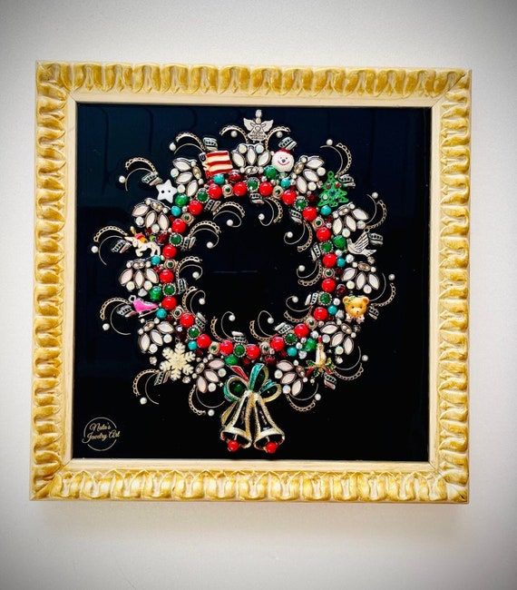Christmas Wreath, Framed Jewelry One of a Kind Art, Unique Gift, Home Decor