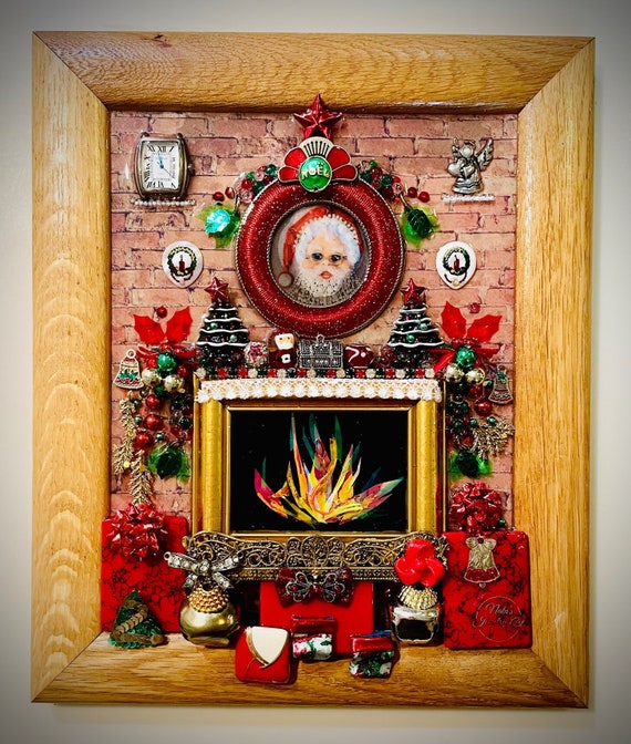 Christmas Fireplace, Framed Jewelry One of a Kind Art, Unique Gift, Home Decor
