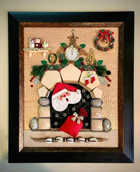 Christmas Fireplace, Framed Jewelry One of a Kind Art, Unique Gift, Home Decor