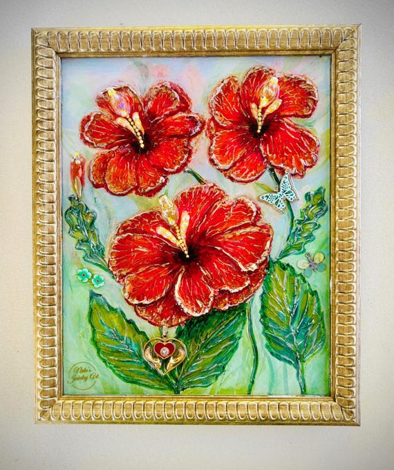 Hibiscus Flowers, Framed Jewelry Art, Floral, Unique Home Decor