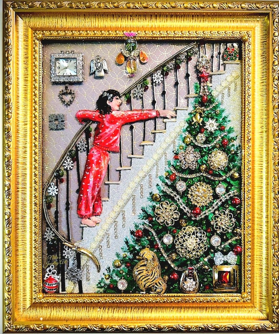 Girl and Christmas Tree, Framed Jewelry Art, Unique Home Decor
