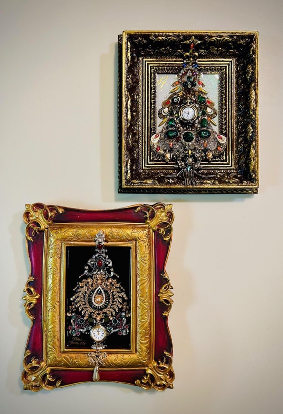 Two Christmas Trees, Framed Jewelry One of a Kind Art, Unique Gift, Wall Decor