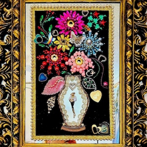 Rhinestone Flower Bouquet, Framed Jewelry Art, Vintage Style Frame
