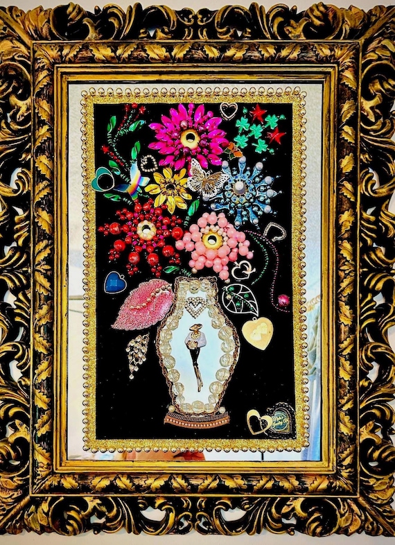 Bouquet of Flowers, Framed Jewelry One of a Kind Art, Unique Gift, Home Decor
