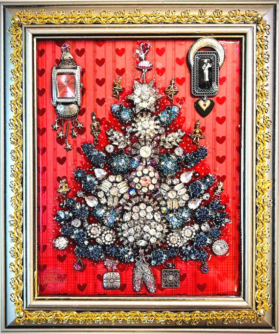 Vintage Christmas, Framed Jewelry One of a Kind Art, Unique Gift, Vintage Style Wall Decor