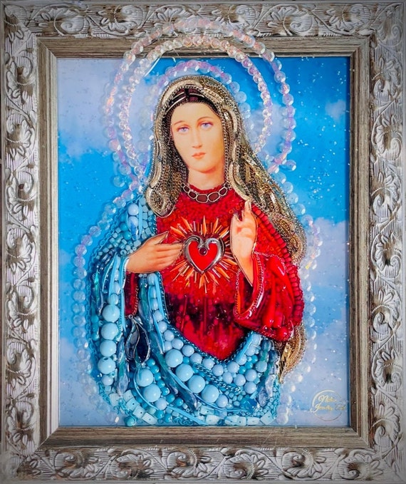 Virgin Mary, Framed Jewelry one of a Kind Art, Wall Decor, Unique Gift