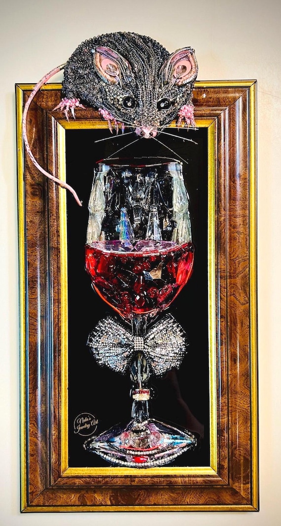 Glass of Wine & Mice, Framed Jewelry One of a Kind Art, Unique Gift, Home Decor
