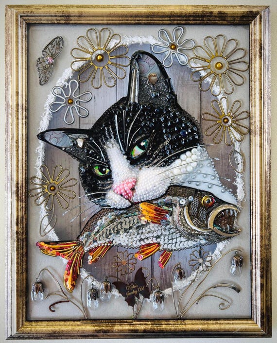 Cat & Fish, Framed Jewelry Art, One of a Kind
