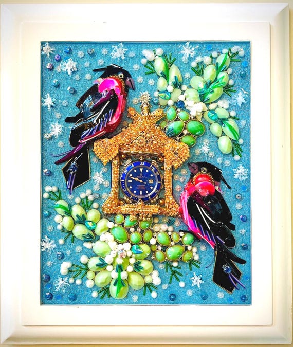 Winter Birds, Bird's House, Framed Jewelry One of a Kind Art, Unique Gift, Home Decor, Holiday Present