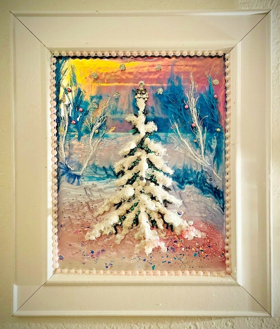 Christmas Tree, Framed Jewelry One of a Kind Art, Unique Gift, Winter Landscape, Wall Decor